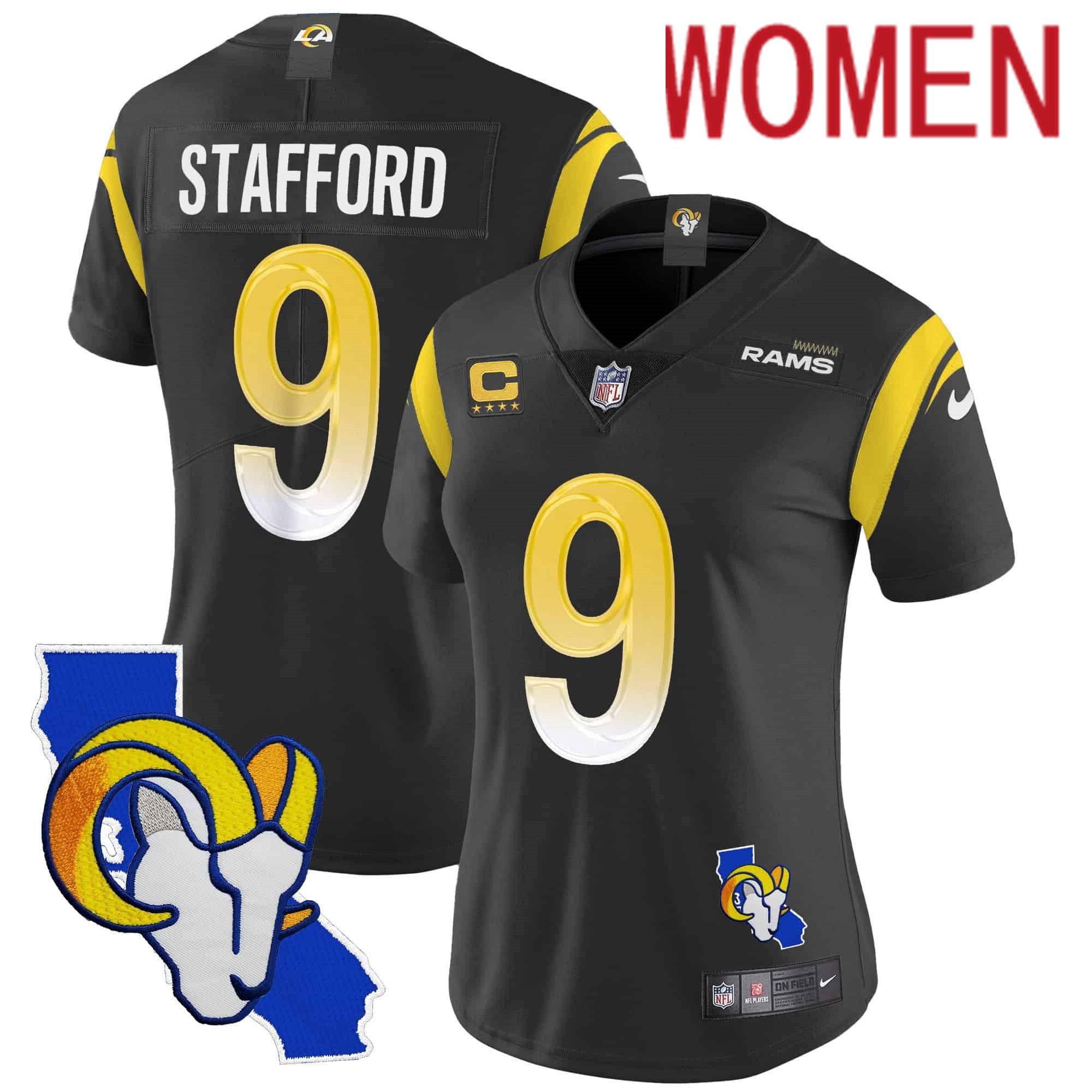 Women Los Angeles Rams #9 Stafford Black 2024 Nike California Patch Vapor Limited NFL Jersey style 1->women nfl jersey->Women Jersey